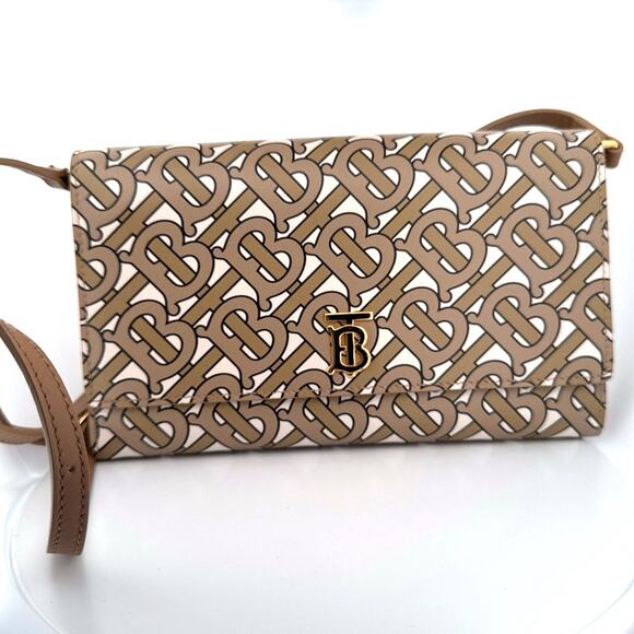 🤎 Burberry Monogram TB Leather Crossbody Bag – Beige/Tan - Picture 1 of 12